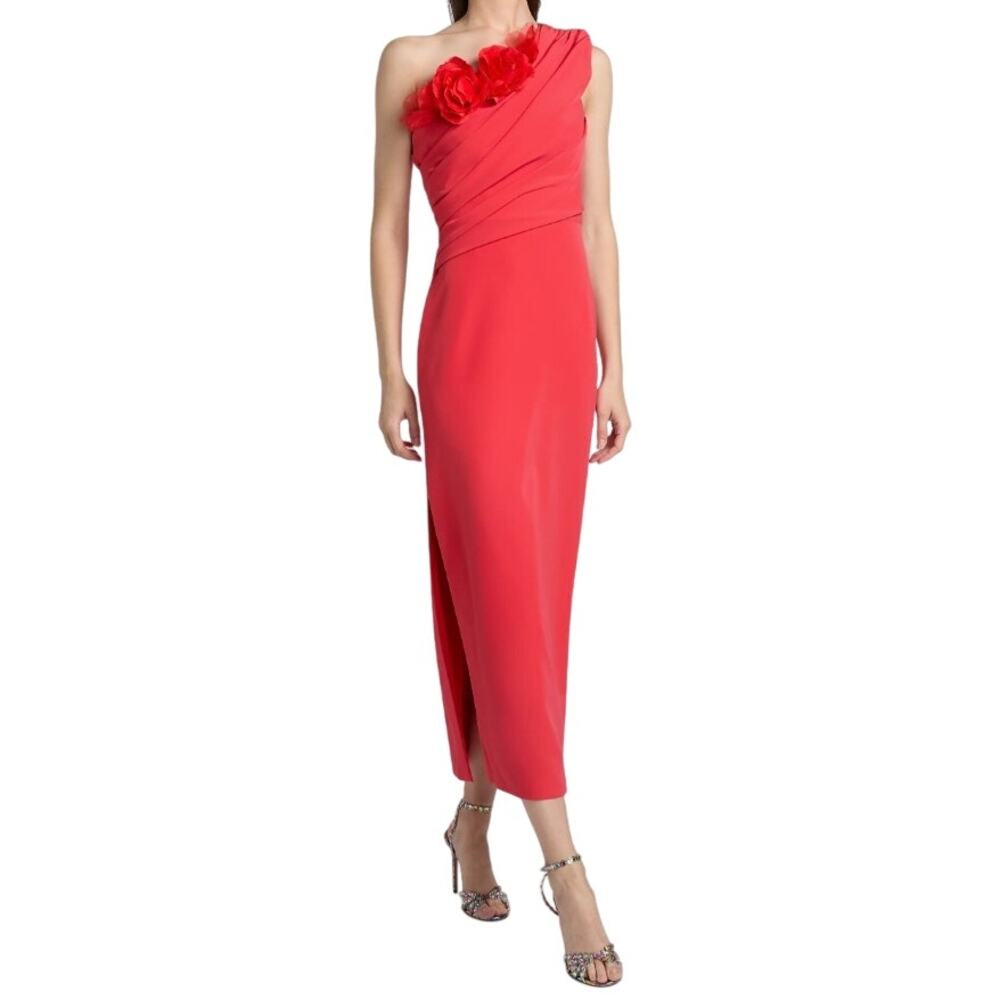 NWT As It May Olivia Crepe Midi Dress Bright Rose Red Floral Applique Womens 2